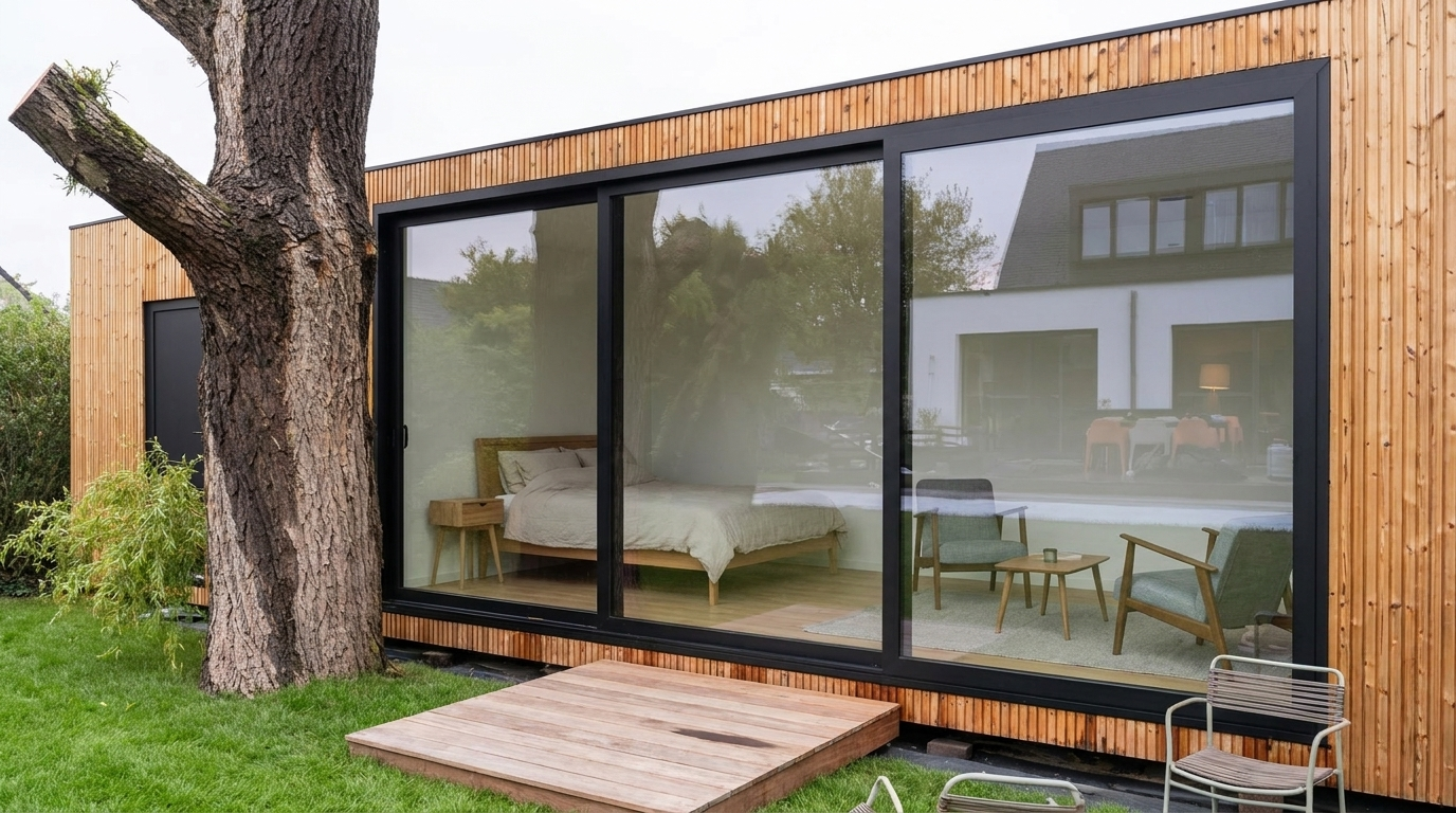 Modulair gastenverblijf of bijwoonst op maat in een Vlaamse tuin, met houten gevel en grote glazen schuifdeuren.