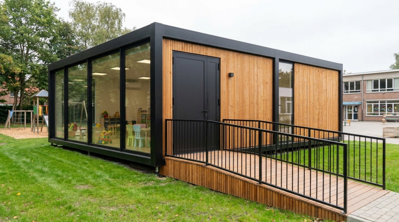 Modulair klaslokaal of opvang-unit van ROBCOR met grote ramen, geschikt voor scholen en kinderopvang.