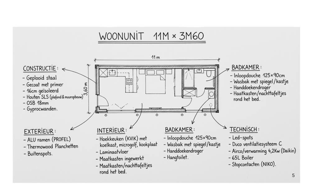 Technische plattegrond modulaire woonunit 11m x 3m60 met specificaties