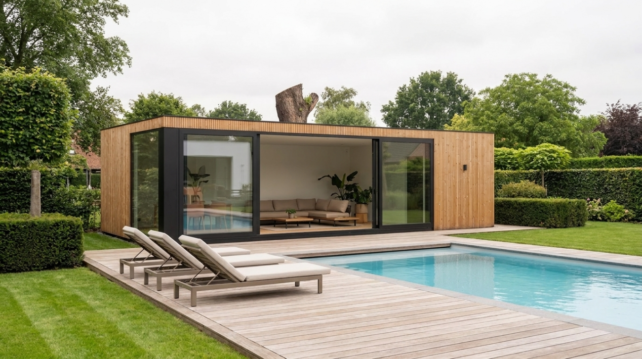 Modulair poolhouse op maat naast een zwembad, met thermowood gevel, zwart frame en grote glaspartijen.