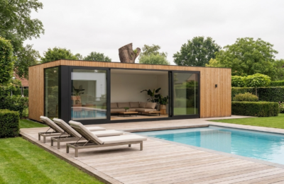 Modulair poolhouse op maat naast een zwembad, met thermowood gevel, zwart frame en grote glaspartijen.