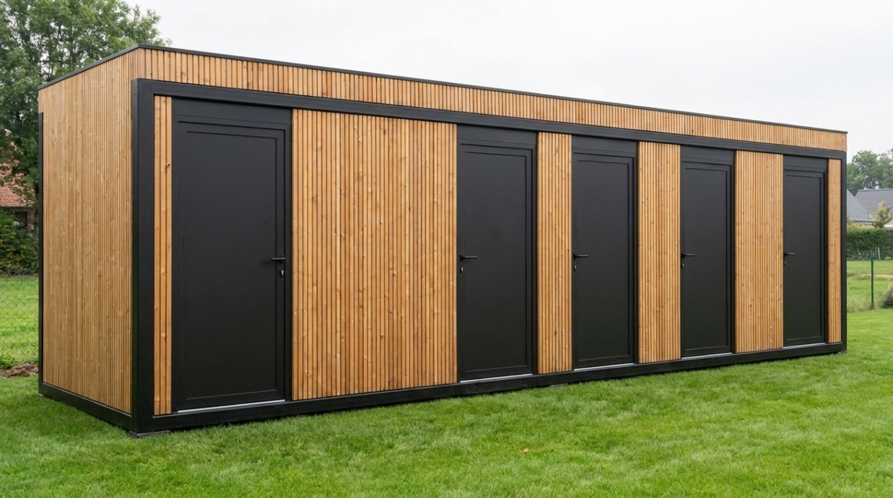 Modulaire sanitaire unit en kleedunit van ROBCOR met houten gevel, geschikt voor sportclubs en evenementen.