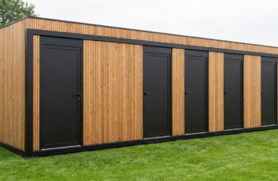 Modulaire sanitaire unit en kleedunit van ROBCOR met houten gevel, geschikt voor sportclubs en evenementen.