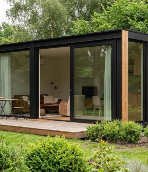 Compacte modulaire tiny house of woonunit met grote ramen en houten gevel in een groene omgeving.