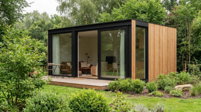 Compacte modulaire tiny house of woonunit met grote ramen en houten gevel in een groene omgeving.
