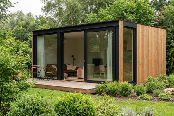 Compacte modulaire tiny house of woonunit met grote ramen en houten gevel in een groene omgeving.