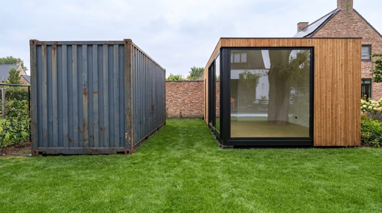 Vergelijking naast elkaar: links een ruwe zeecontainer, rechts een afgewerkte modulaire unit met thermowood gevel op hetzelfde gazon.