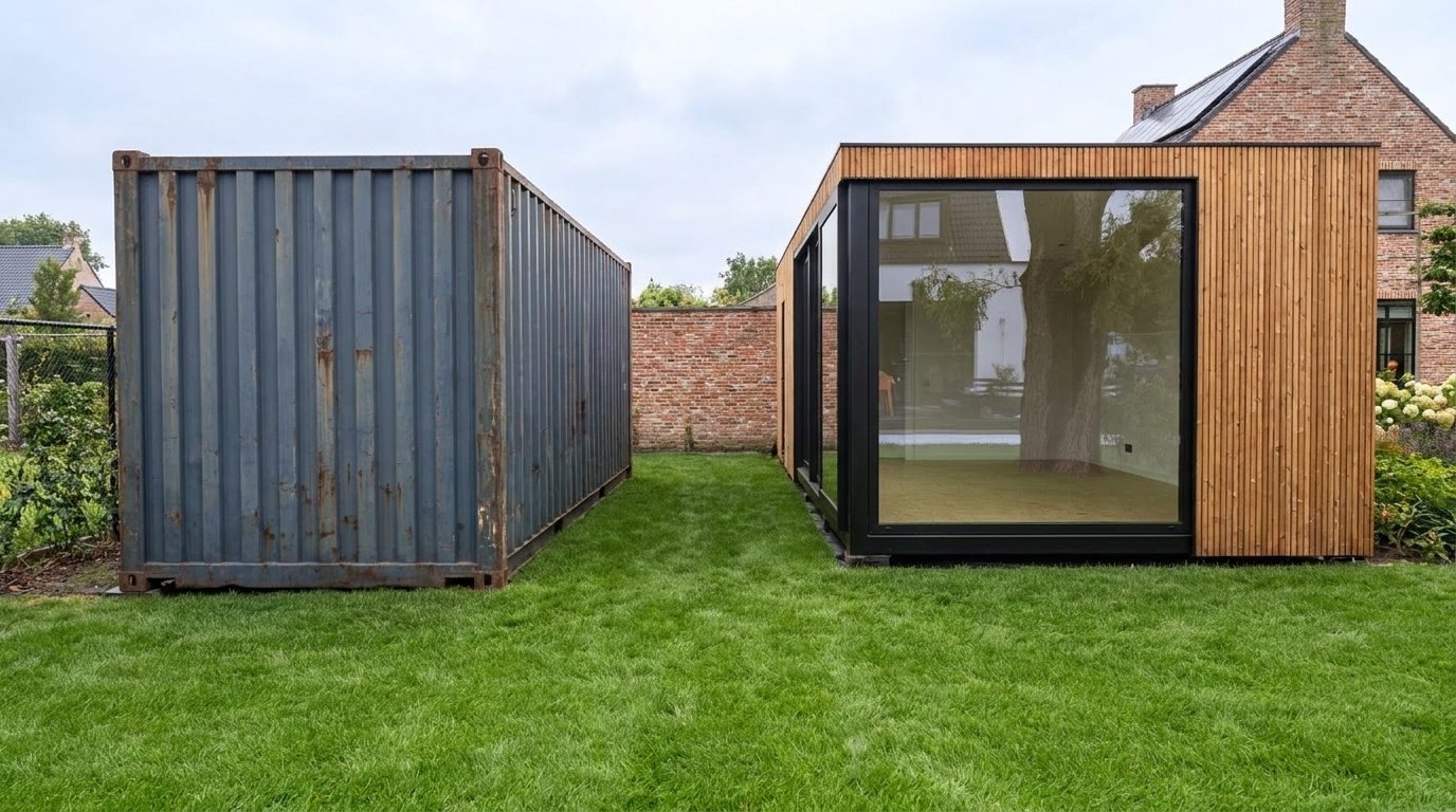 Vergelijking naast elkaar: links een ruwe zeecontainer, rechts een afgewerkte modulaire unit met thermowood gevel op hetzelfde gazon.