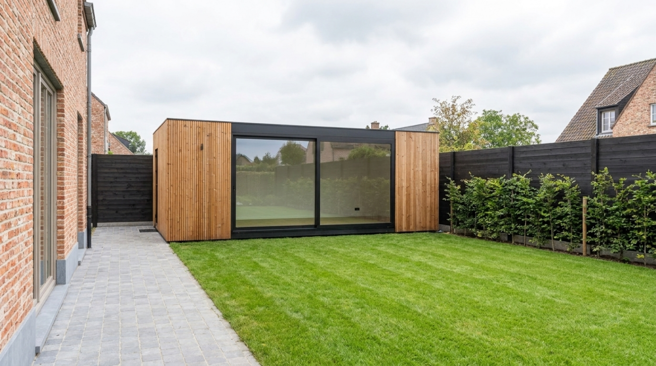 Modulaire tuinunit in de hoek van een Vlaamse tuin, gezien vanaf het terras van de woning, met zicht op perceel en perceelgrens.