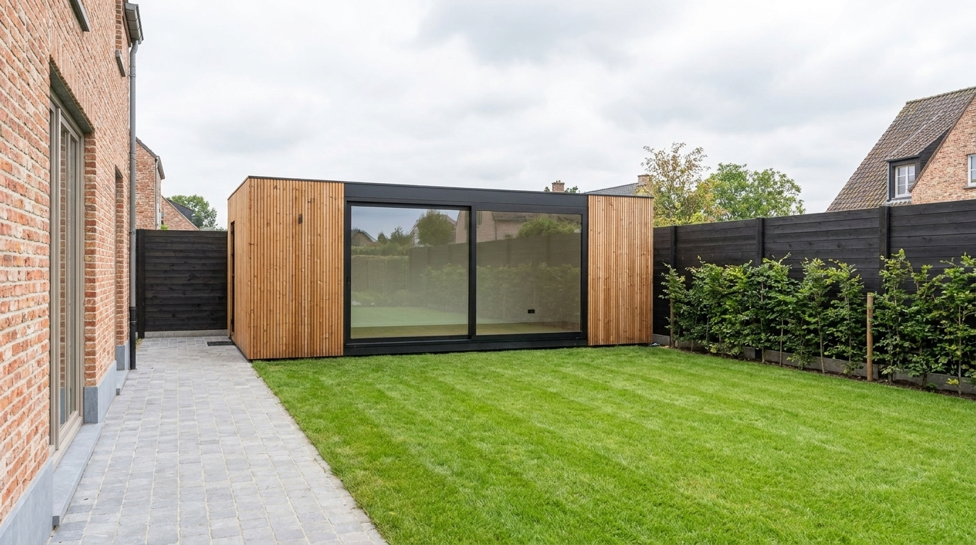 Modulaire tuinunit in de hoek van een Vlaamse tuin, gezien vanaf het terras van de woning, met zicht op perceel en perceelgrens.