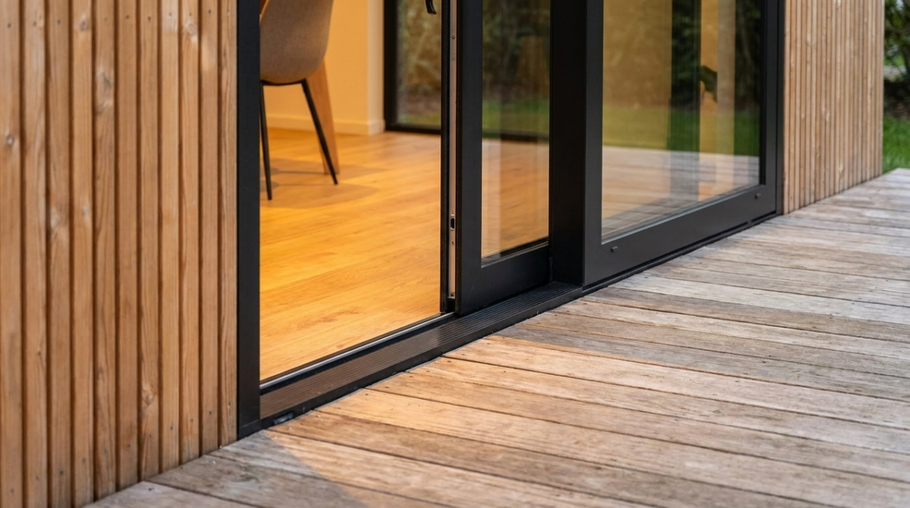 Drempelloze overgang van een modulaire zorgwoning naar een houten terras, toegankelijk en zonder opstap.