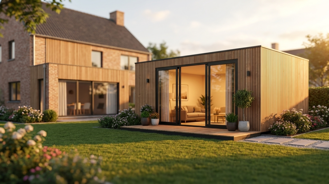 Modulaire zorgwoning op maat in een Vlaamse tuin bij avondlicht, met grote glazen schuifdeuren en warme verlichting binnen.