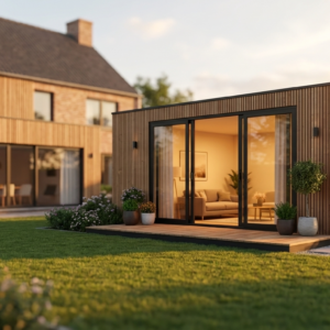 Modulaire zorgwoning op maat in een Vlaamse tuin bij avondlicht, met grote glazen schuifdeuren en warme verlichting binnen.