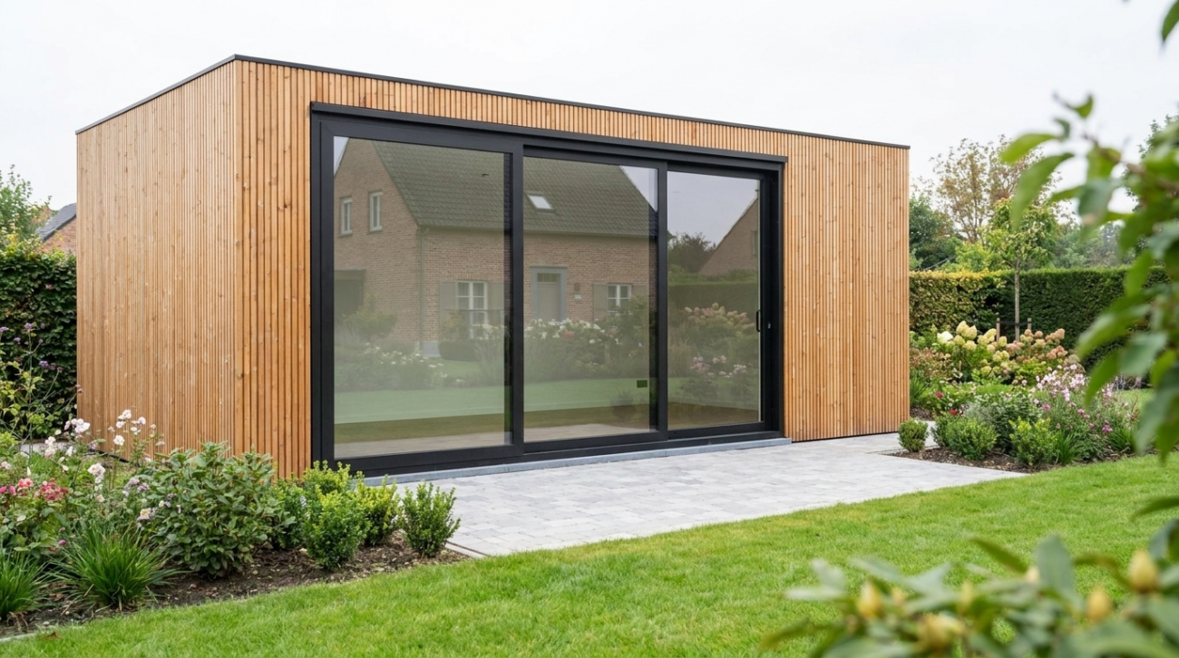 Modulaire zorgwoning of kangoeroewoning op maat in een Vlaamse tuin, met houten gevel en grote glazen schuifdeuren.