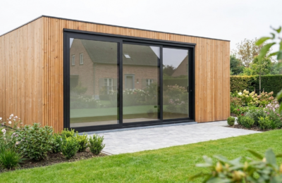 Modulaire zorgwoning of kangoeroewoning op maat in een Vlaamse tuin, met houten gevel en grote glazen schuifdeuren.